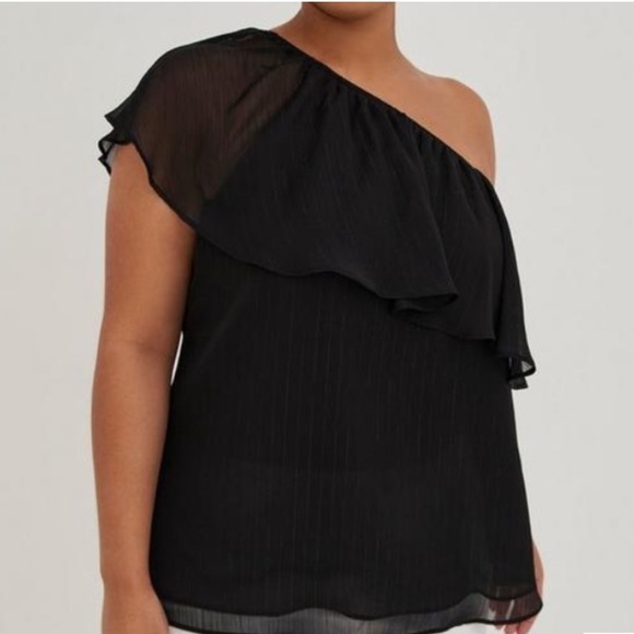 Torrid Black Metallic Stripe Crinkle Chiffon
One-Shoulder Ruffle Blouse NWOT - Picture 1 of 11